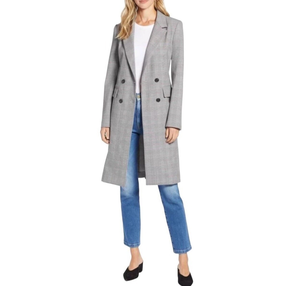 Halogen Double Breasted Coat Topper Jacket Women Size 12 Petite‎ Glen Plaid Gray